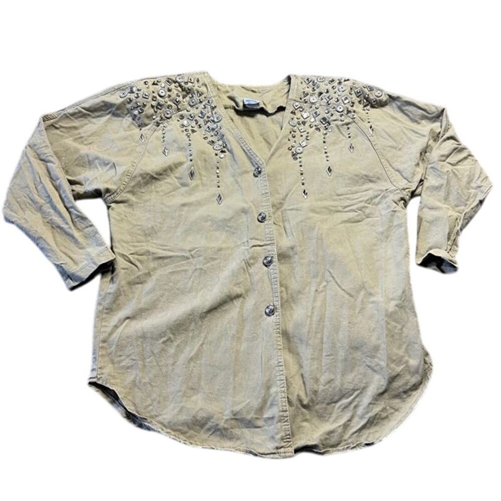 Vintage 90's Y2K Embellished Rhinestone Cotton Shirt Button Up Beige M